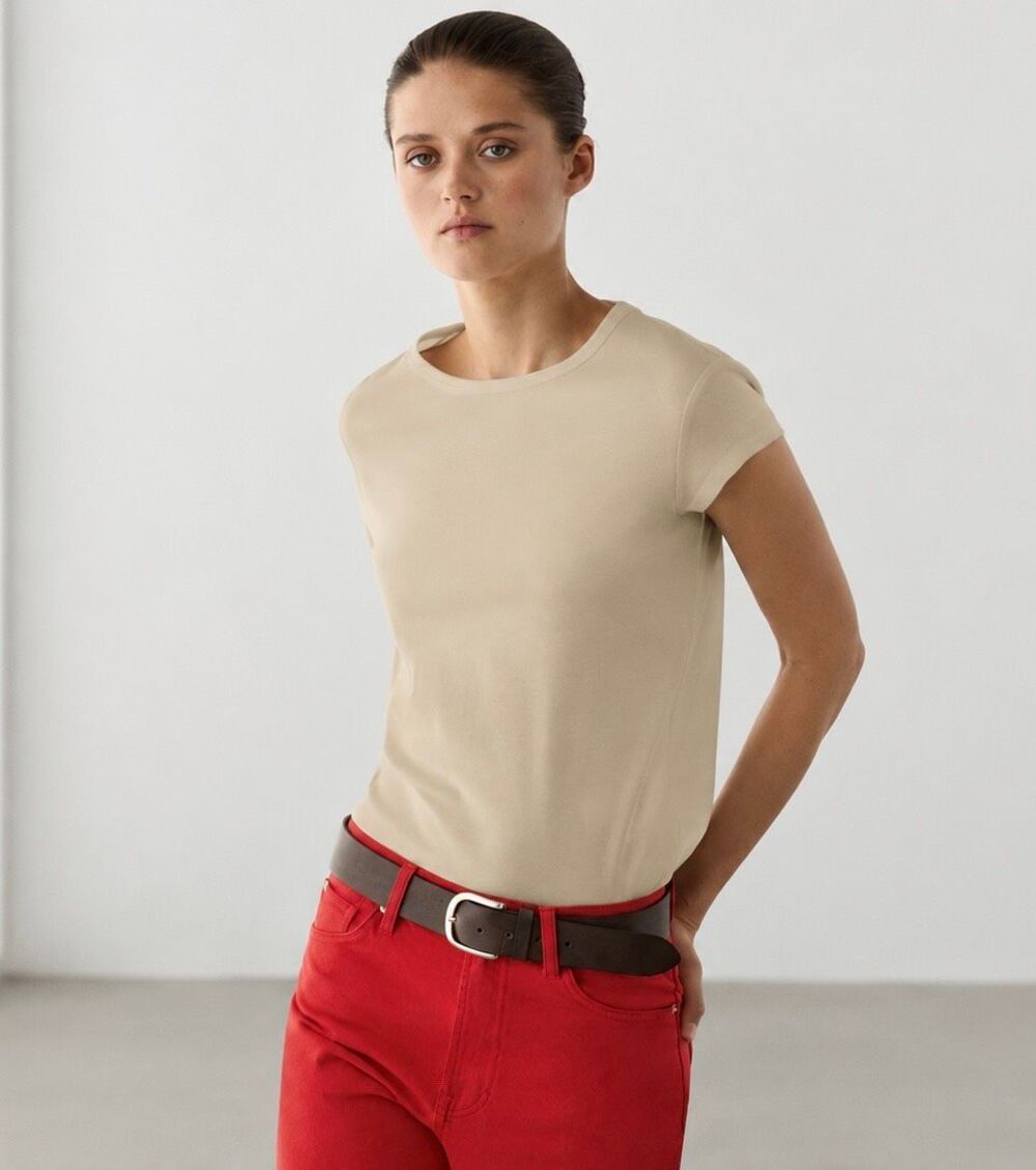 Massimo Dutti Mercerised Short Sleeve Cotton T-Shirt in Beige Size M